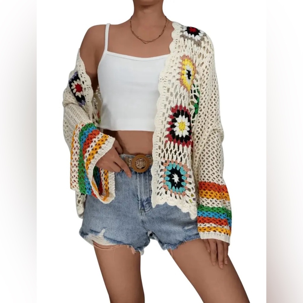 Colorful Crochet Granny Square Open-Front Sweater